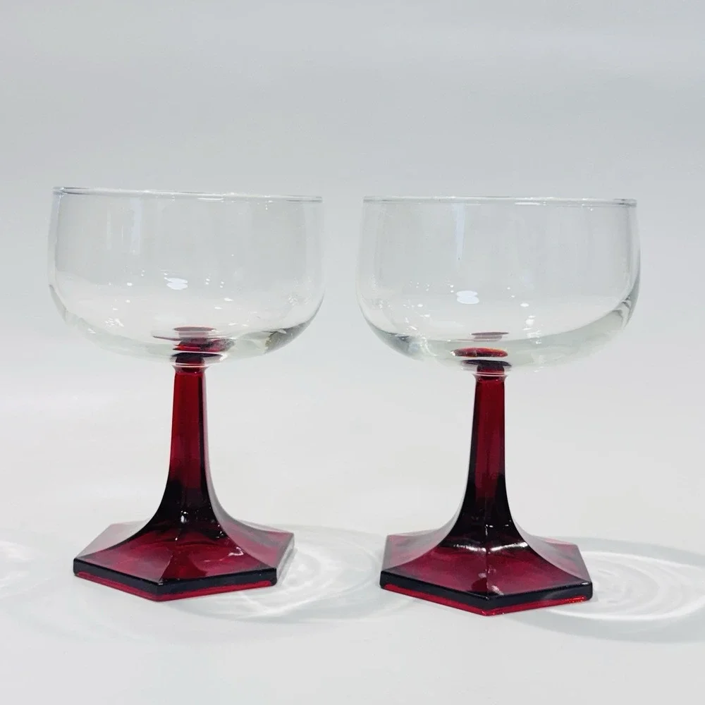 Vintage Ruby Red Pressed Glass Stemmed Wine Cocktail Glasses
